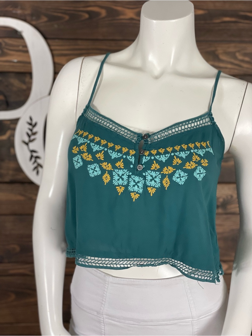 La Hearts | Teal Embroidered Cami Crop Top Lattice Crochet Lace Button Down